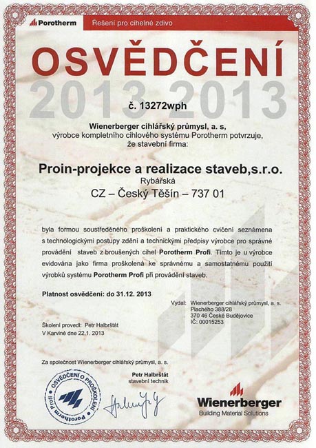 Reference stavební firmy PROIN s.r.o.